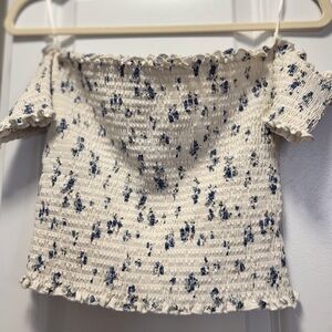 Ruffled Neck White Tube Top with Blue Flowers